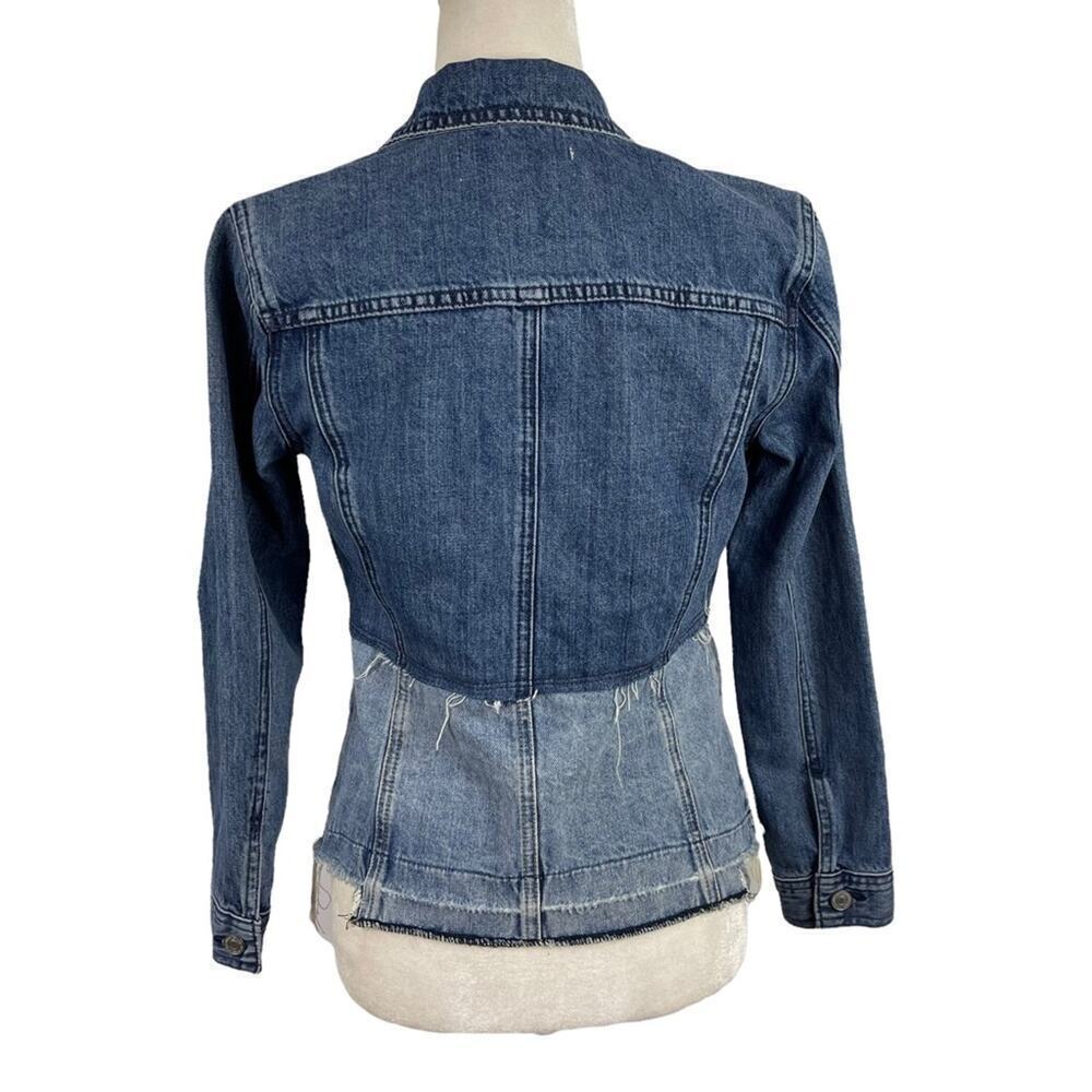 LUCKY BRAND Remade Distressed Denim Waisted Trucker Jacket Raw Frayed Hem XS - Picture 9 of 15